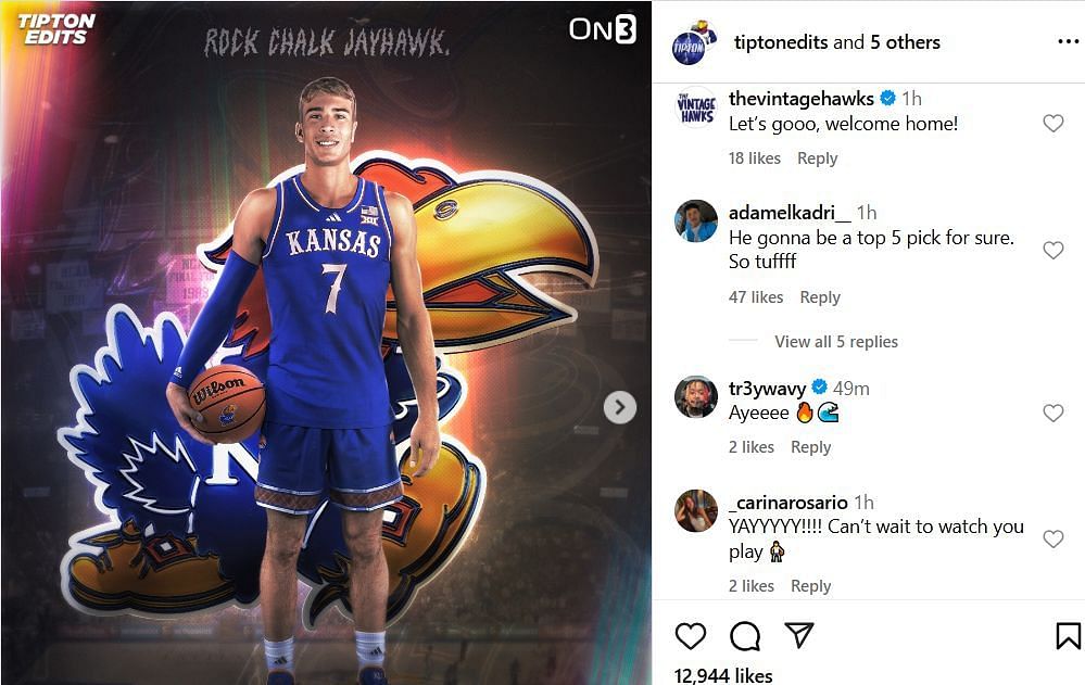Fans react to Kohl Rosario joining Kansas for next season. Image via @tiptonedits